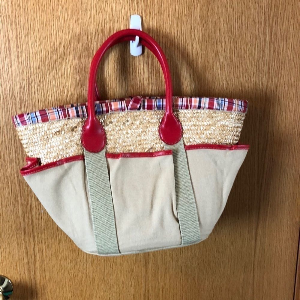 Red and tan small tote